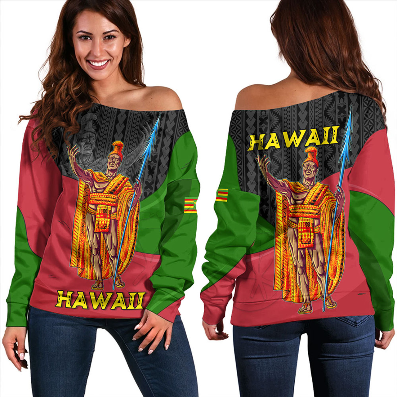 Hawaii Off Shoulder Sweatshirt Hawaii King With Map And Flag Tribal Patterns