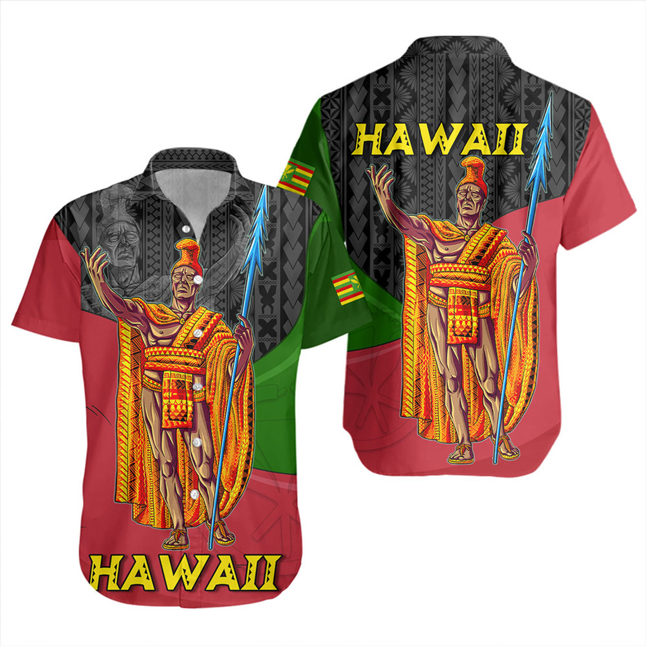 Hawaii Short Sleeve Shirt Hawaii King With Map And Flag Tribal Patterns