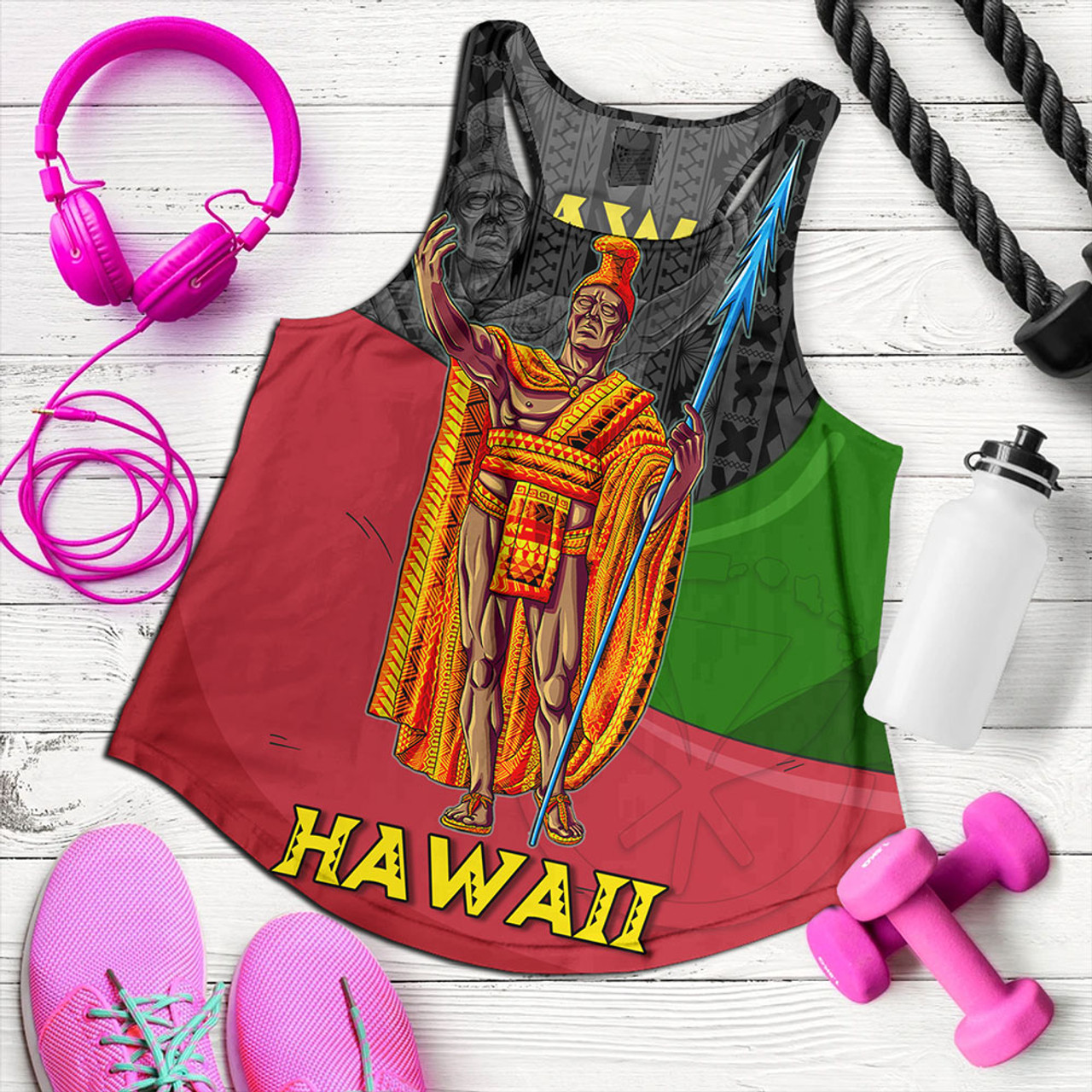 Hawaii Women Tank Hawaii King With Map And Flag Tribal Patterns