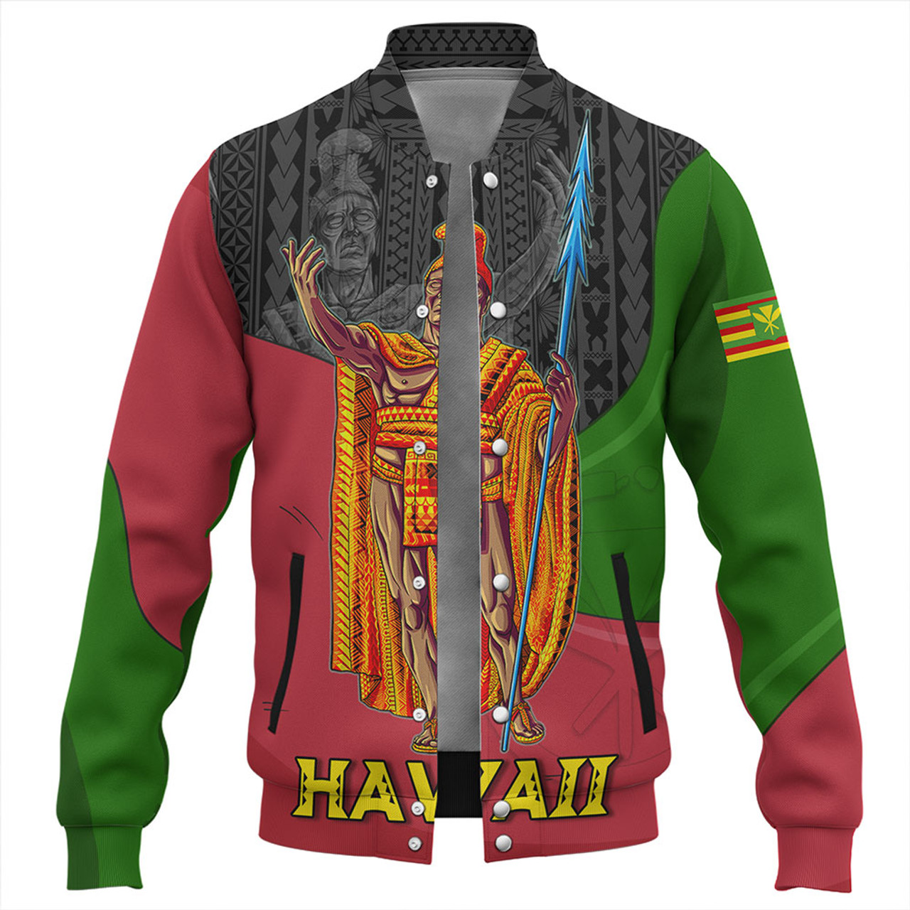 Hawaii Baseball Jacket Hawaii King With Map And Flag Tribal Patterns