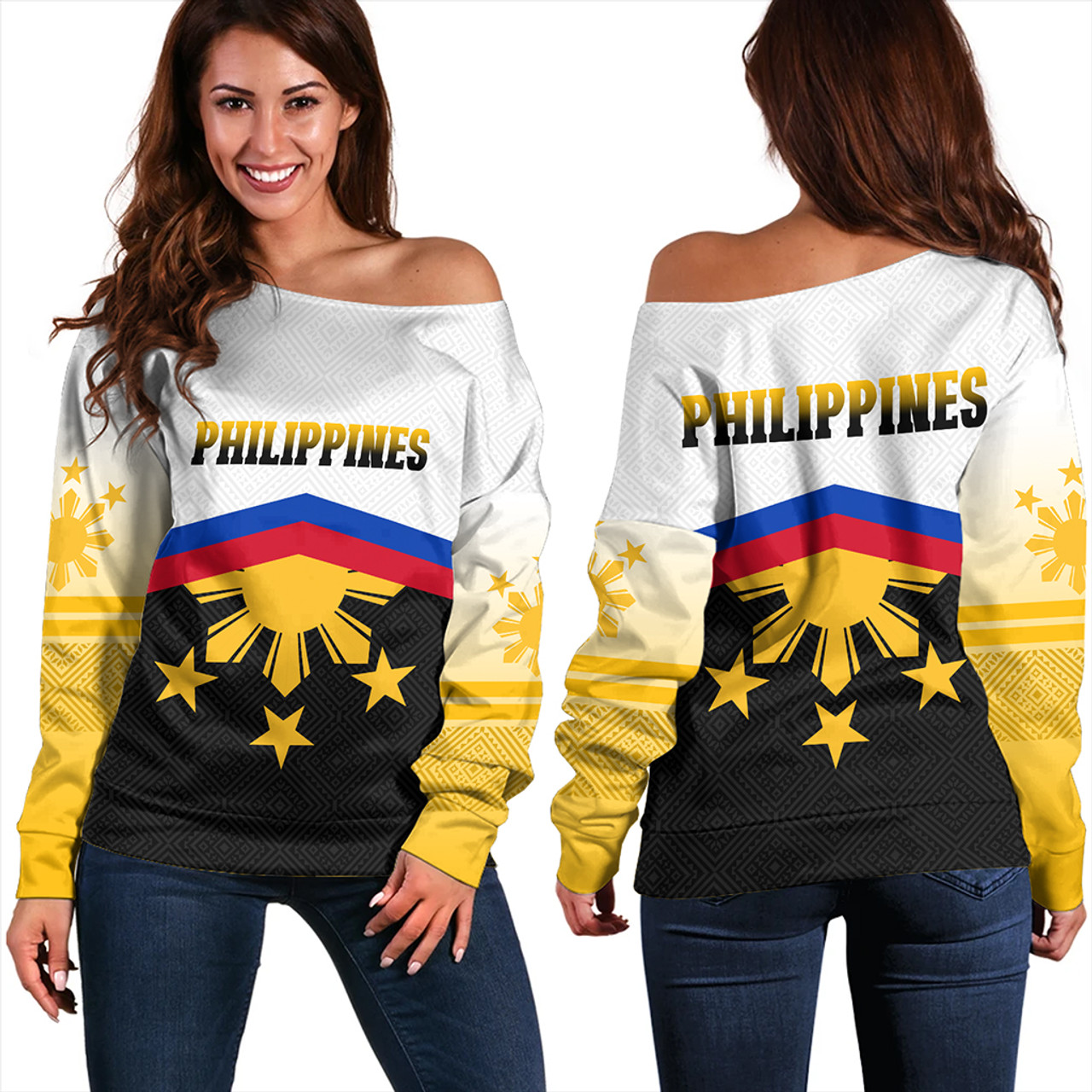 Philippines Filipinos Off Shoulder Sweatshirt Sport Style Pattern Yakan Fabric