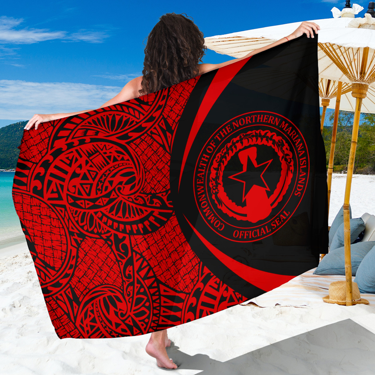 Northern Mariana Islands Sarong Coat Of Arm Lauhala Circle Red