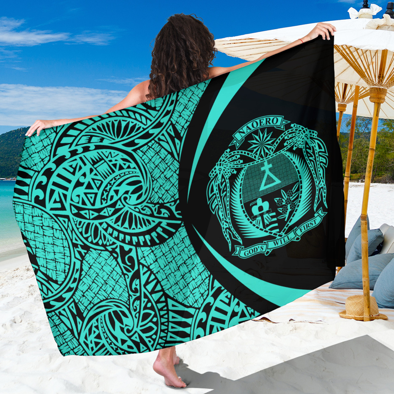 Nauru Sarong Coat Of Arm Lauhala Circle Turquoise