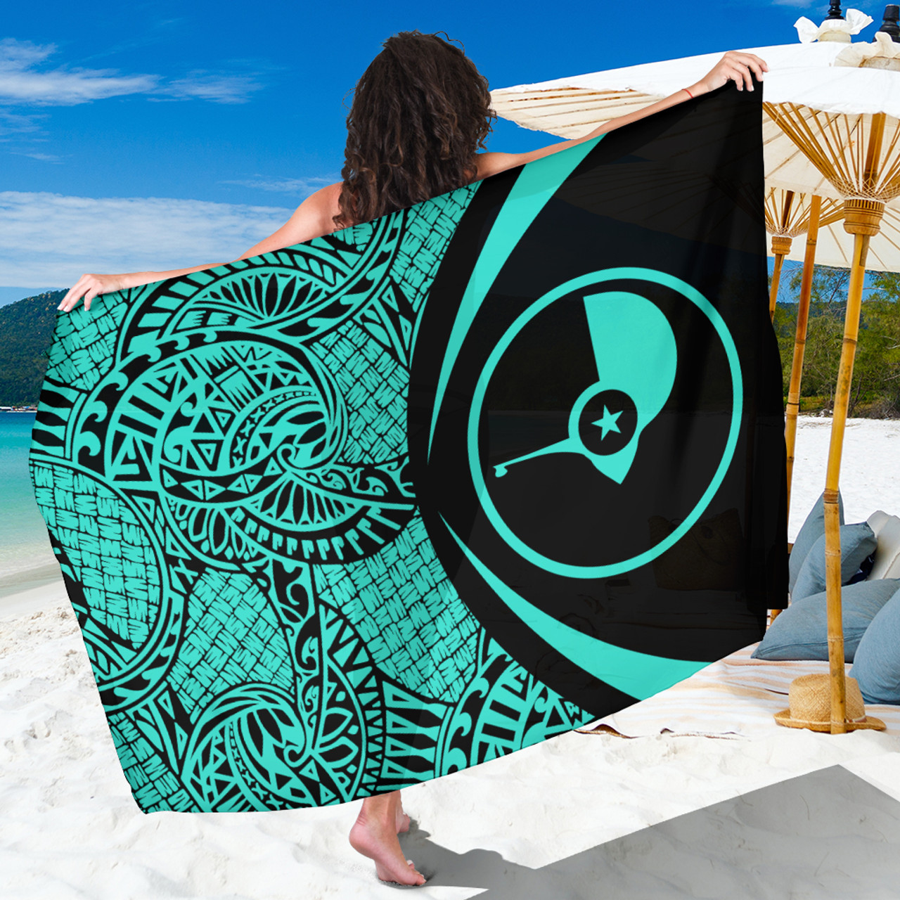 Yap State Sarong Coat Of Arm Lauhala Circle Turquoise