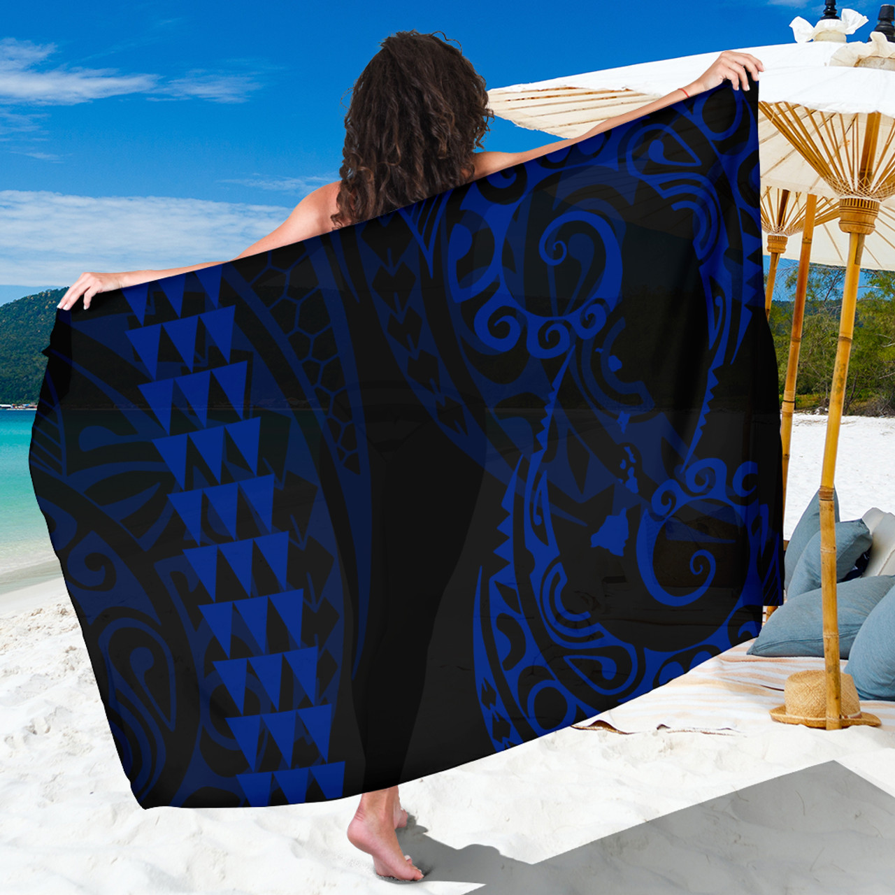 Hawaii Sarong Hawaiian Map Kakau Style Blue