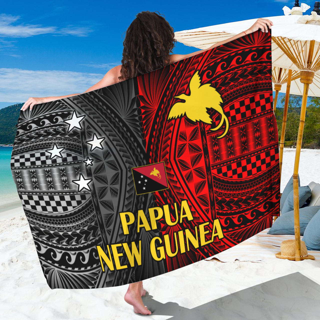 Papua New Guinea Seal With Flag Polynesian Pattern Sarong