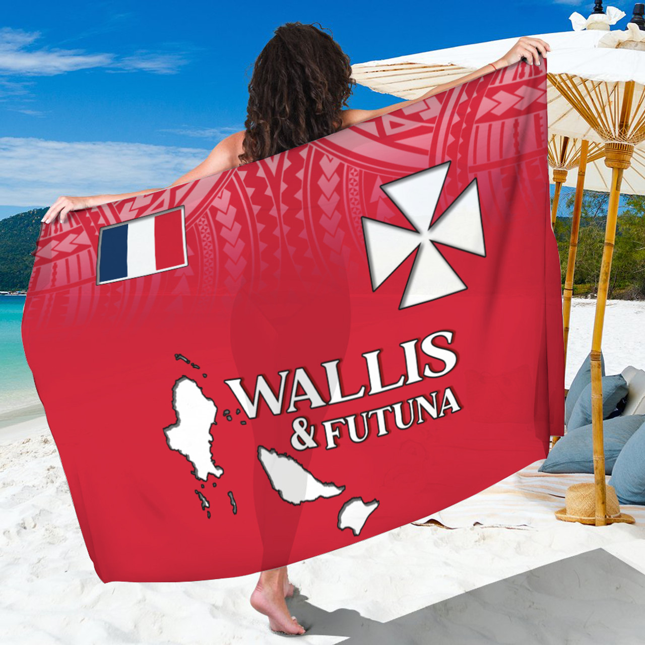 Wallis And Futuna Flag Color With Traditional Patterns Sarong