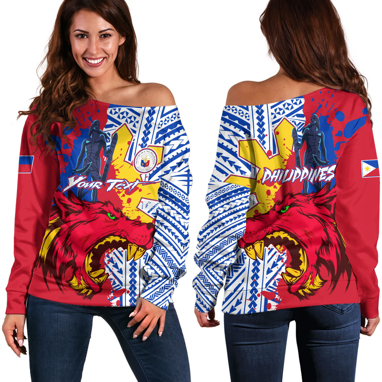Philippines Filipinos Off Shoulder Sweatshirt Custom Lapu-Lapu And The Wolf Tribal Polynesian Style