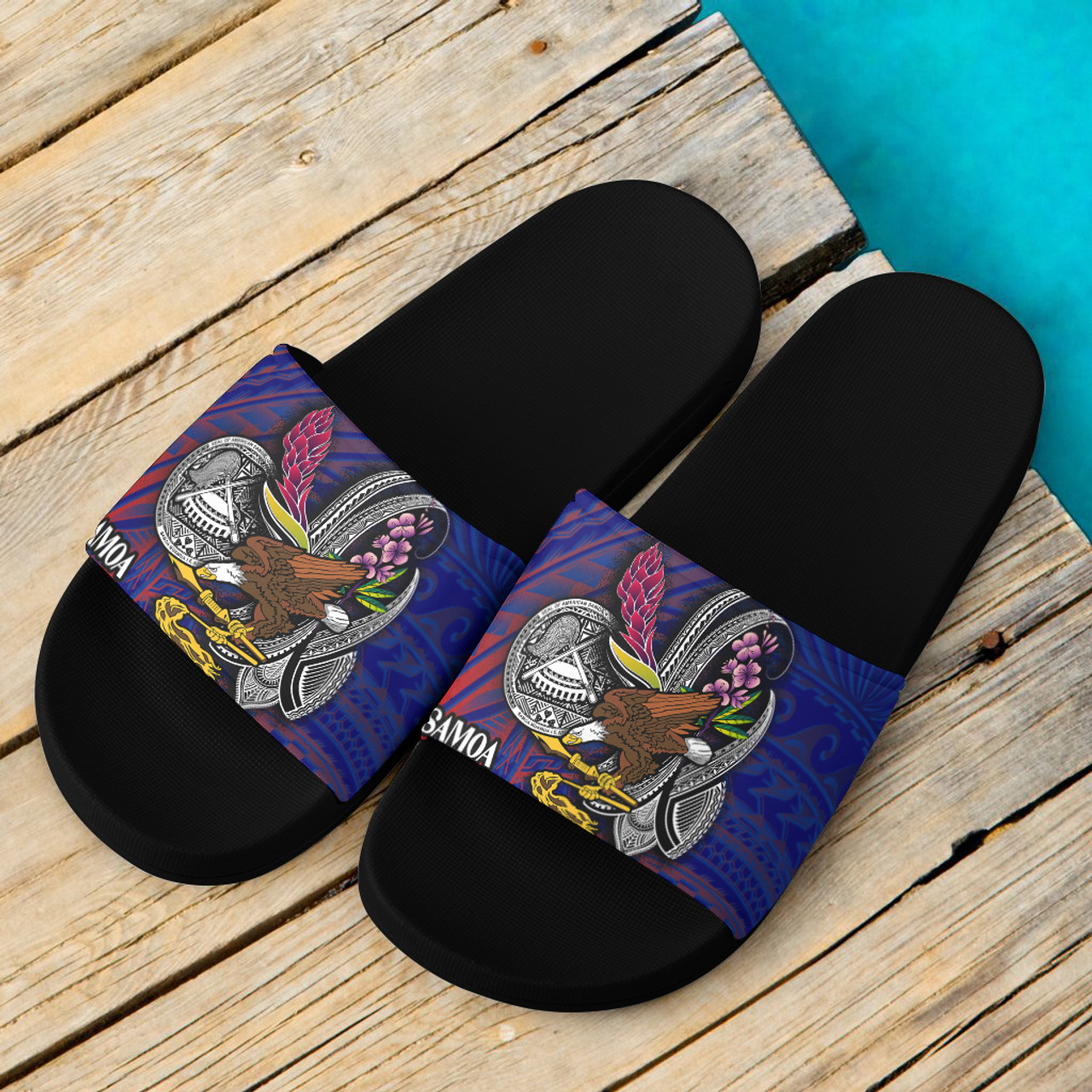 American Samoa Seal With National Flowers Polynesian Patterns Slide Sandals