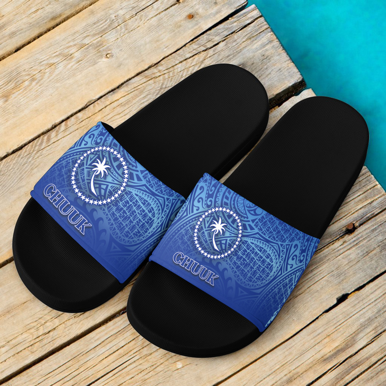 Chuuk State Flag Color With Traditional Patterns Slide Sandals