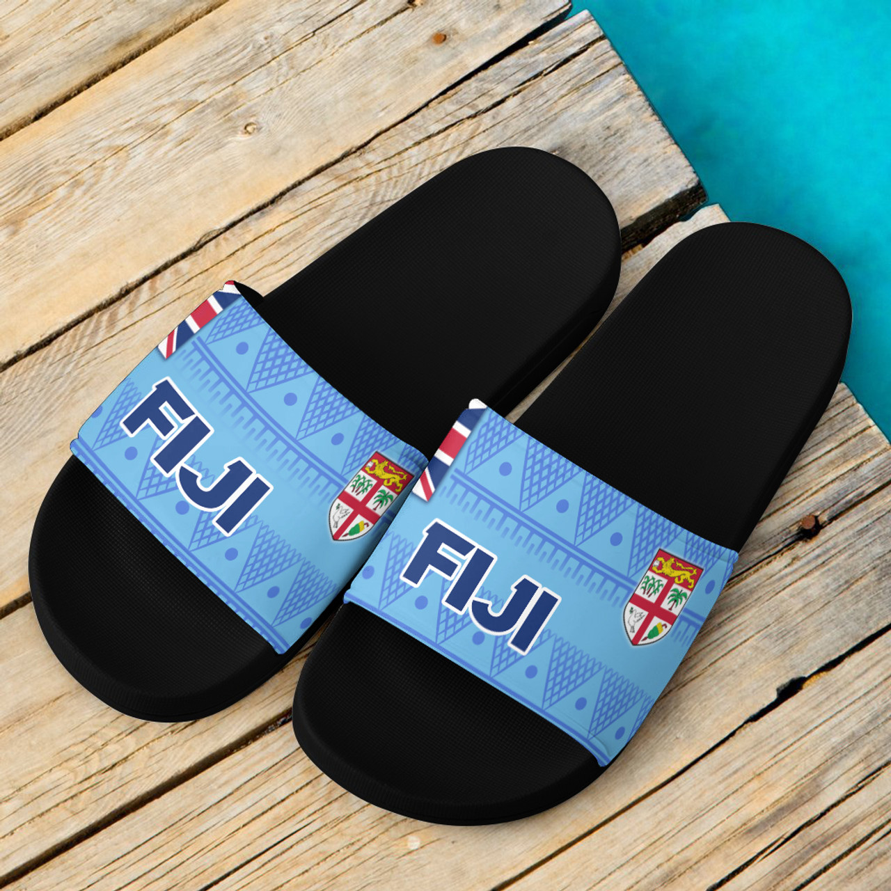 Fiji Flag Color With Traditional Patterns Slide Sandals