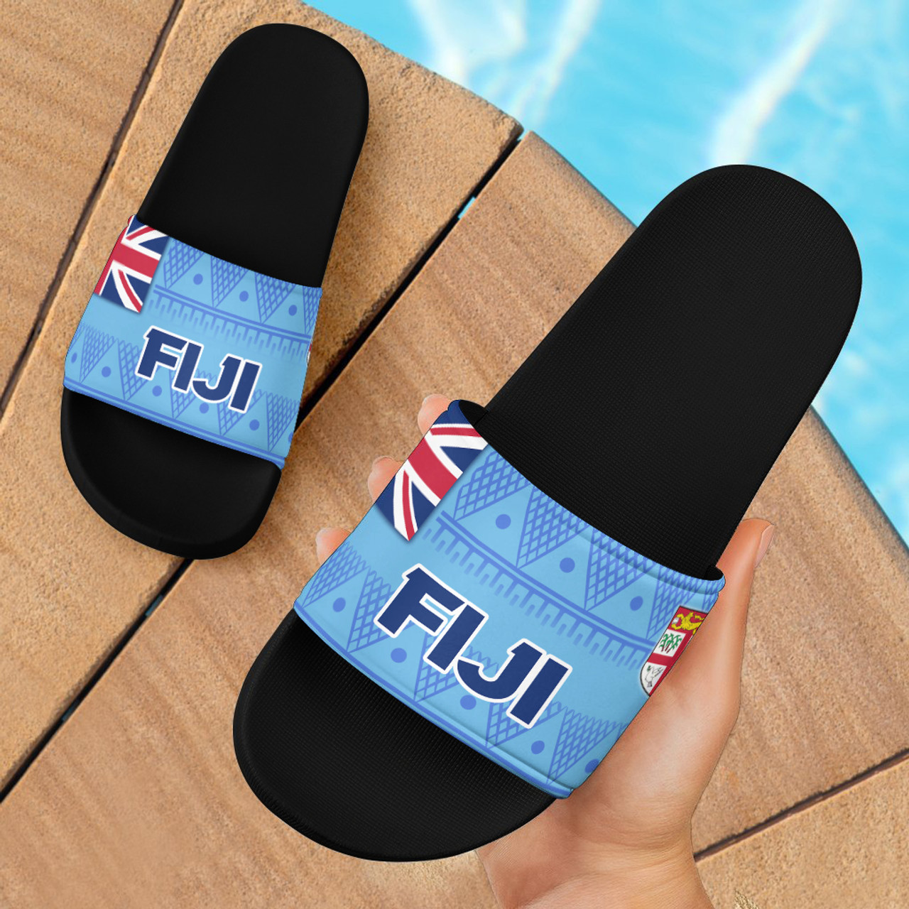 Fiji Flag Color With Traditional Patterns Slide Sandals