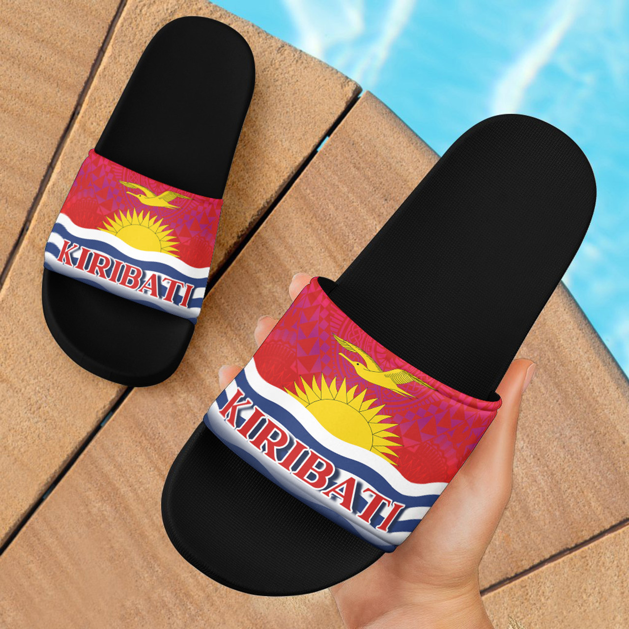 Kiribati Flag Color With Traditional Patterns Slide Sandals
