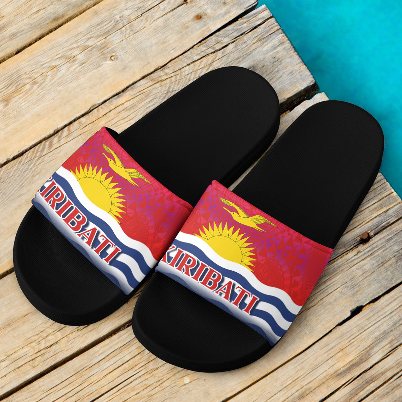 Kiribati Flag Color With Traditional Patterns Slide Sandals