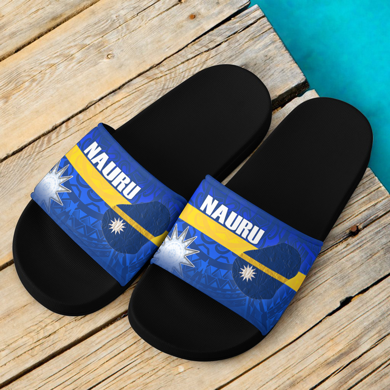 Nauru Flag Color With Traditional Patterns Slide Sandals