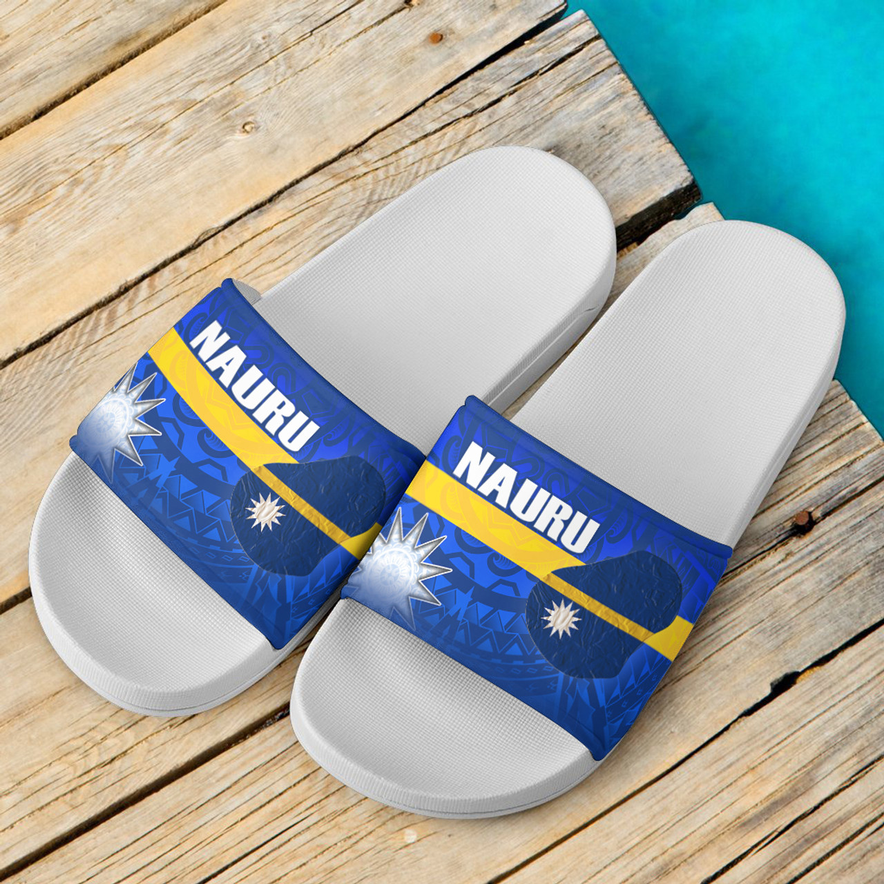 Nauru Flag Color With Traditional Patterns Slide Sandals