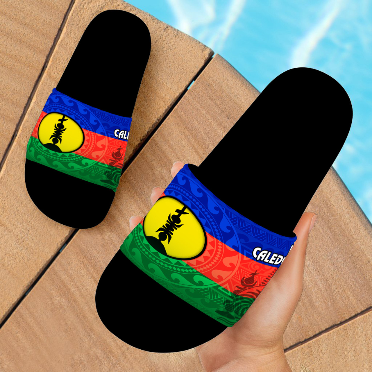 New Caledonia Flag Color With Traditional Patterns Slide Sandals