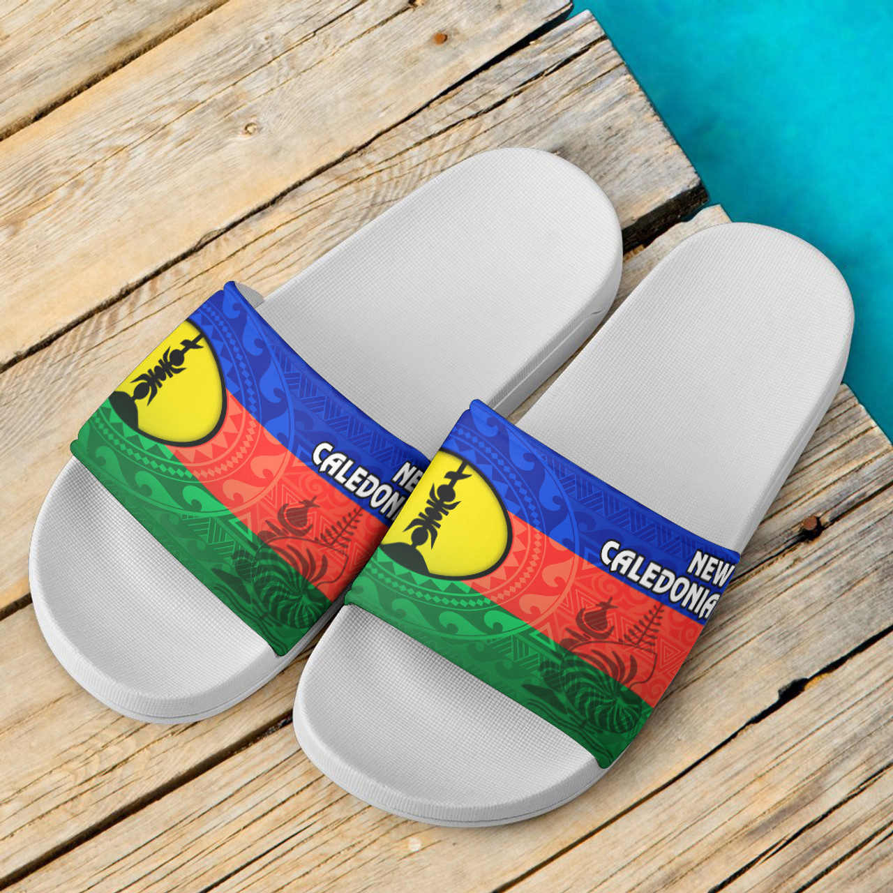 New Caledonia Flag Color With Traditional Patterns Slide Sandals