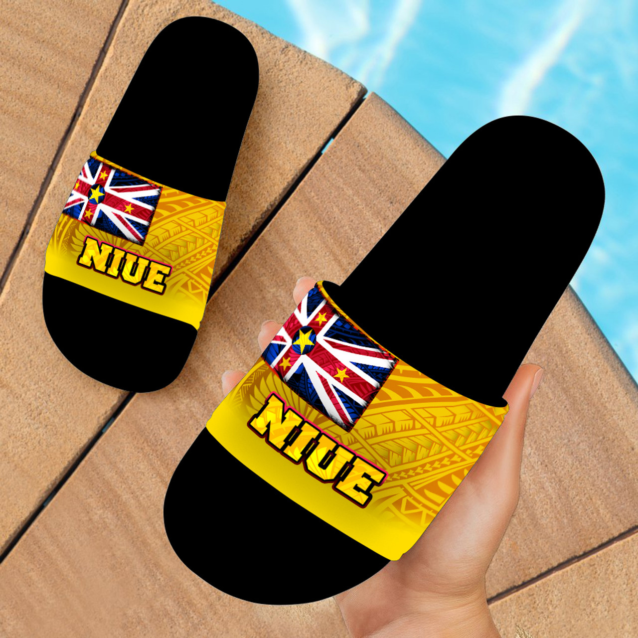 Niue Flag Color With Traditional Patterns Slide Sandals