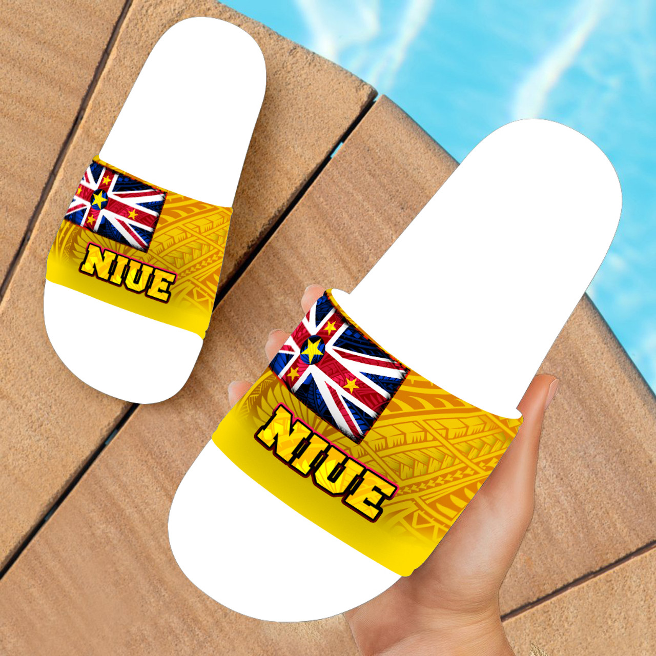 Niue Flag Color With Traditional Patterns Slide Sandals