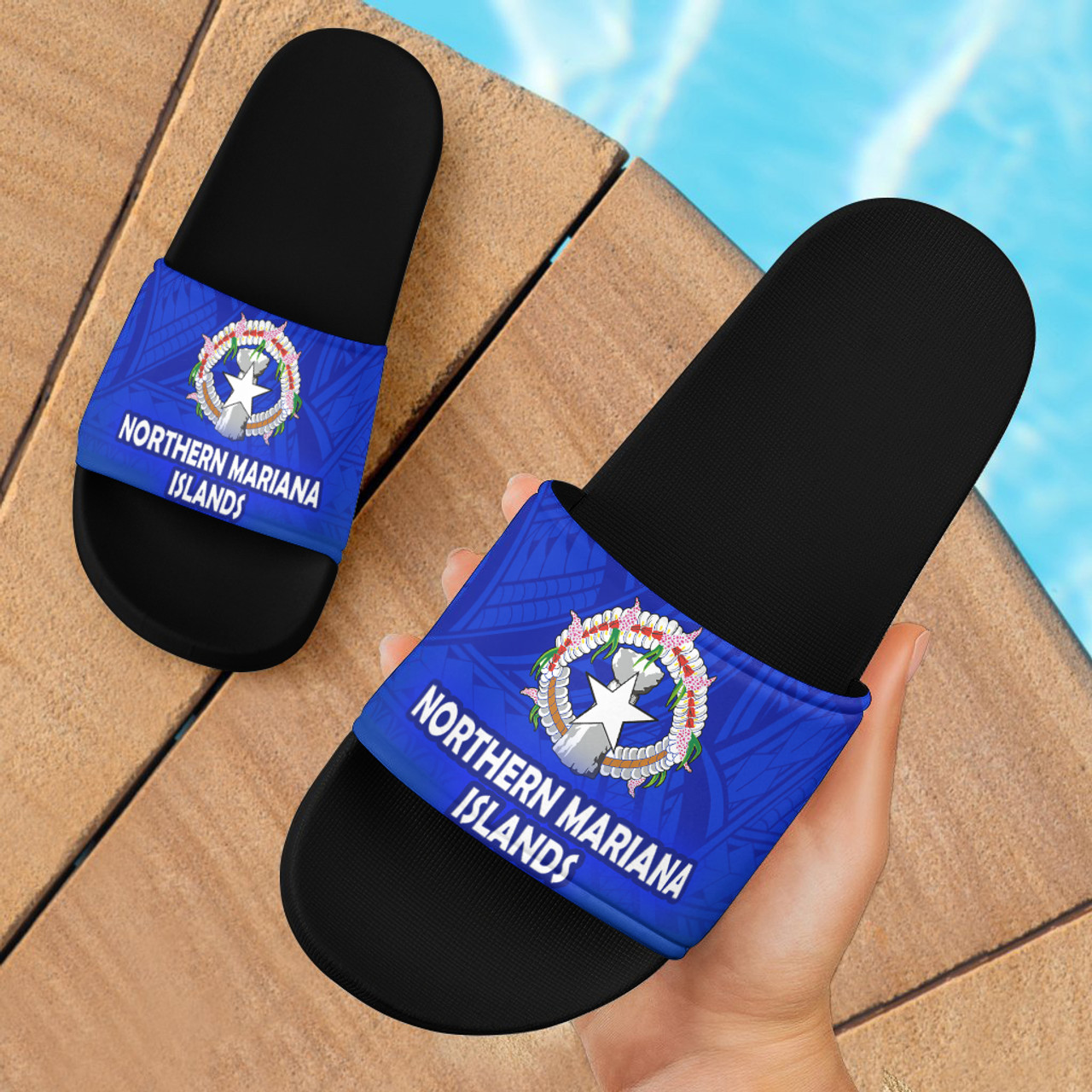 Northern Mariana Islands Flag Color With Traditional Patterns Slide Sandals