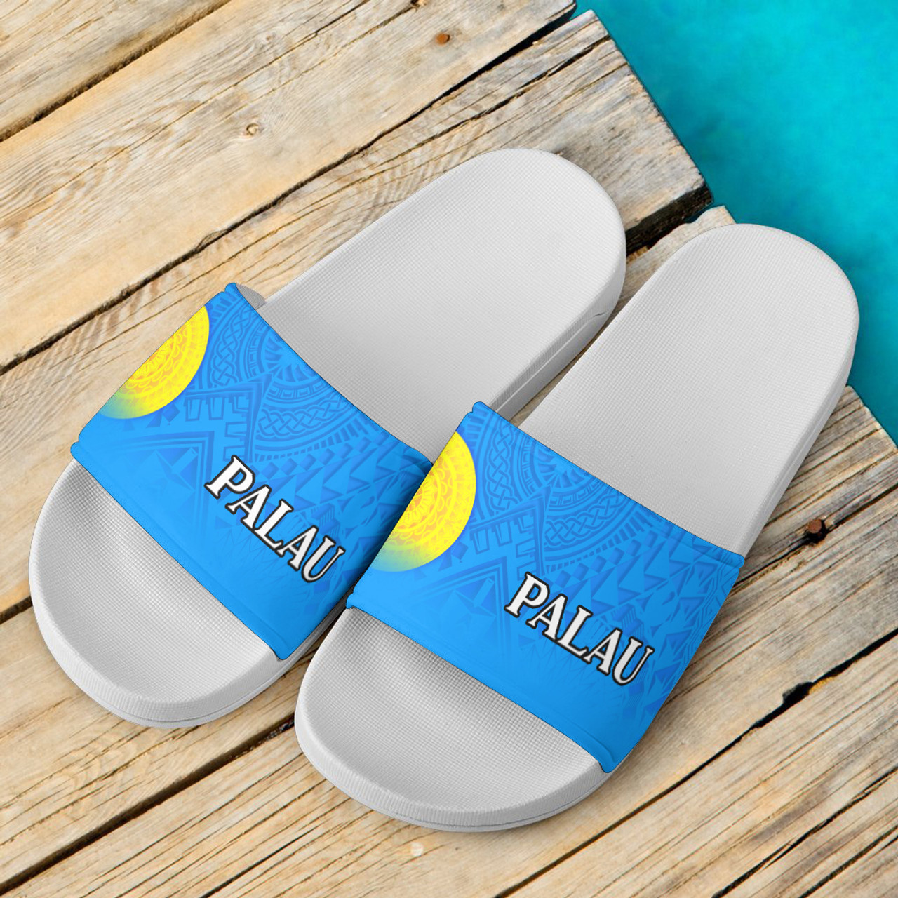 Palau Flag Color With Traditional Patterns Slide Sandals