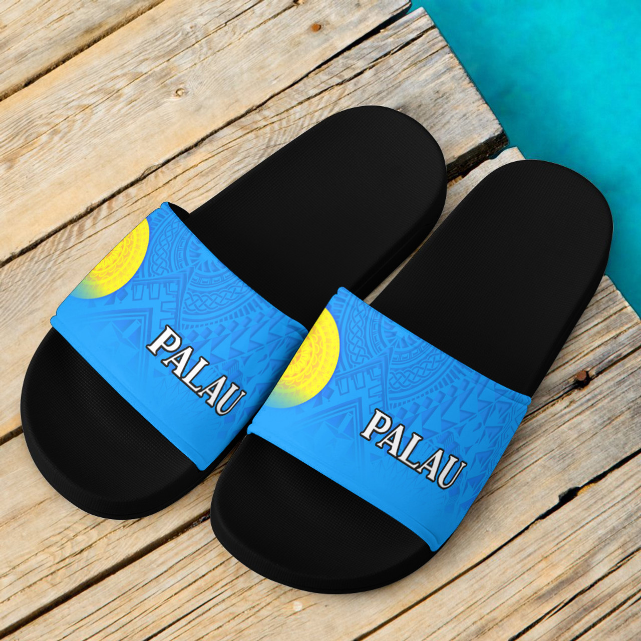 Palau Flag Color With Traditional Patterns Slide Sandals
