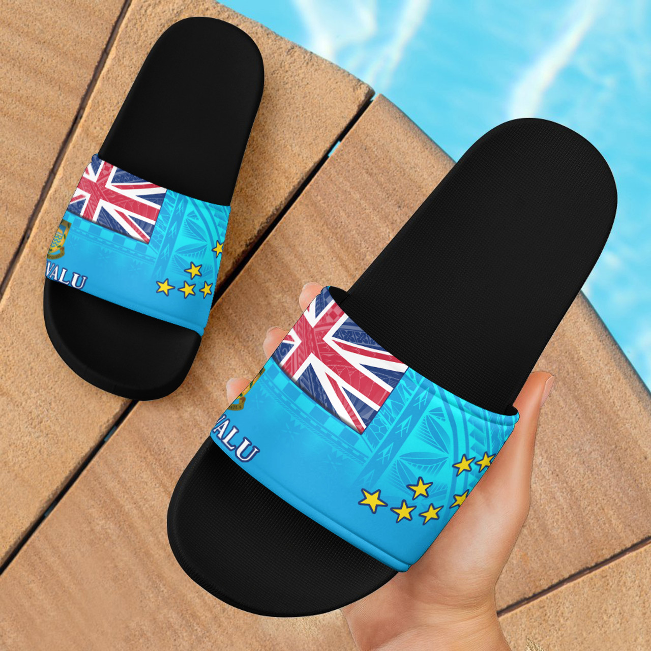 Tuvalu Flag Color With Traditional Patterns Slide Sandals