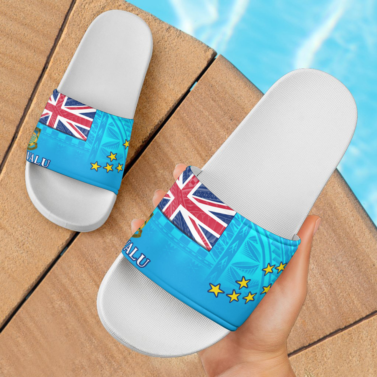 Tuvalu Flag Color With Traditional Patterns Slide Sandals