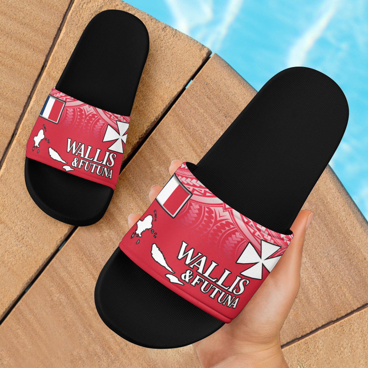 Wallis And Futuna Flag Color With Traditional Patterns Slide Sandals