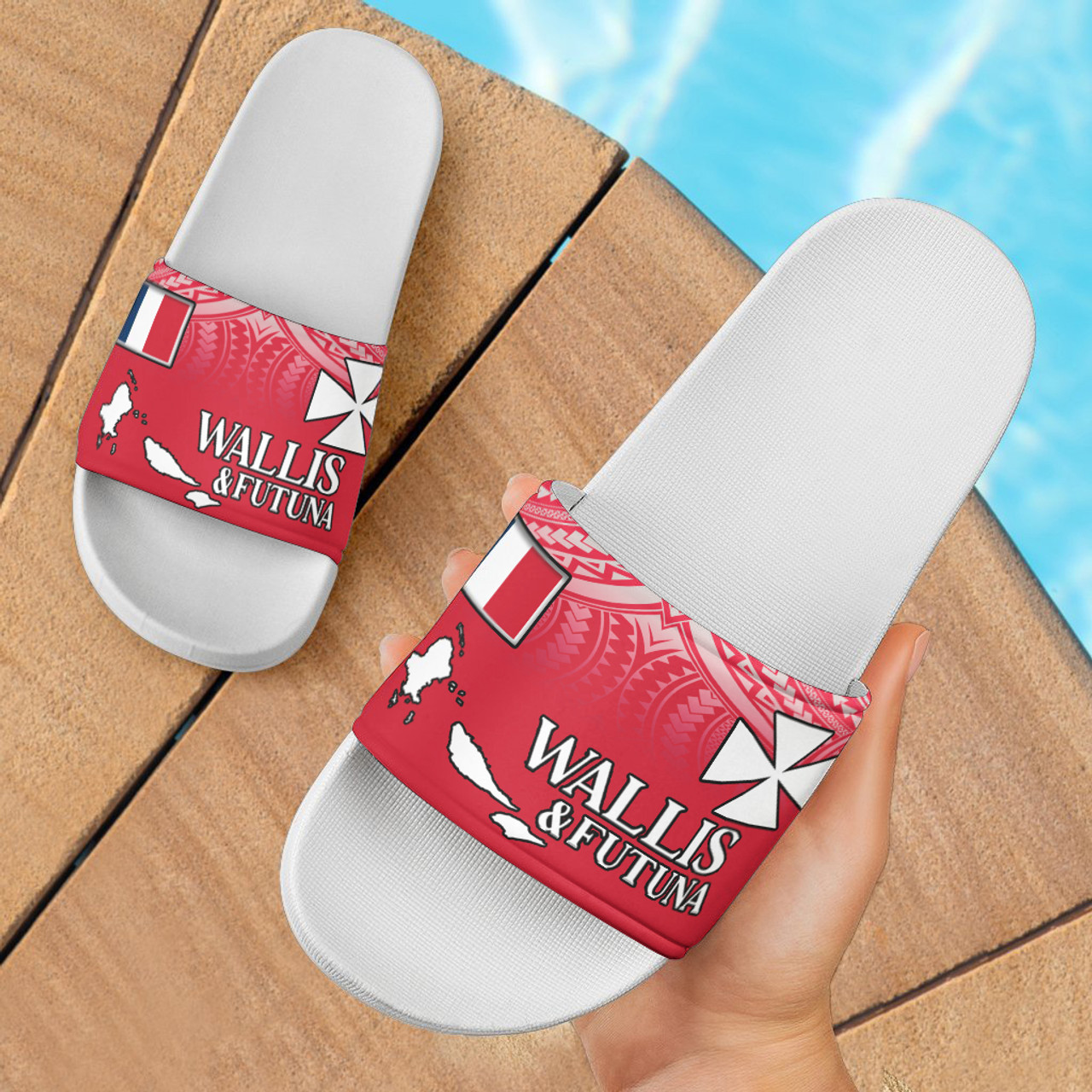 Wallis And Futuna Flag Color With Traditional Patterns Slide Sandals