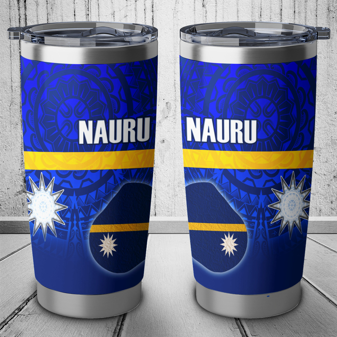 Nauru Flag Color With Traditional Patterns Tumbler