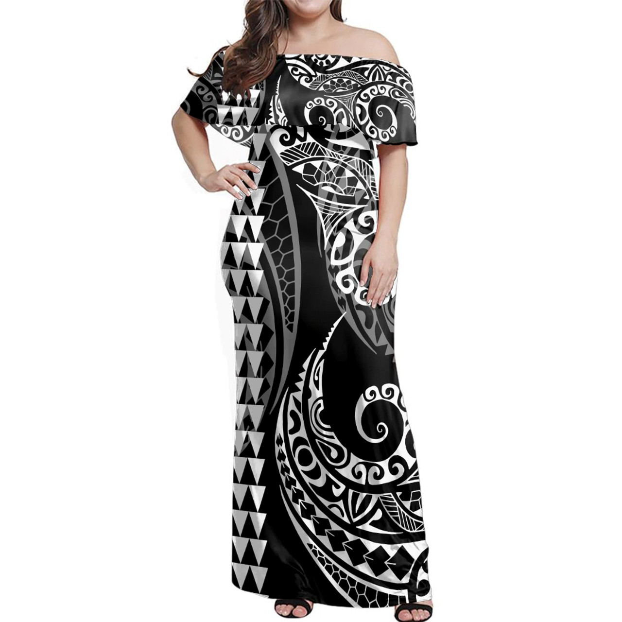 Polynesian Woman Off Shoulder Long Dress Coat Of Arms Kakau Style White