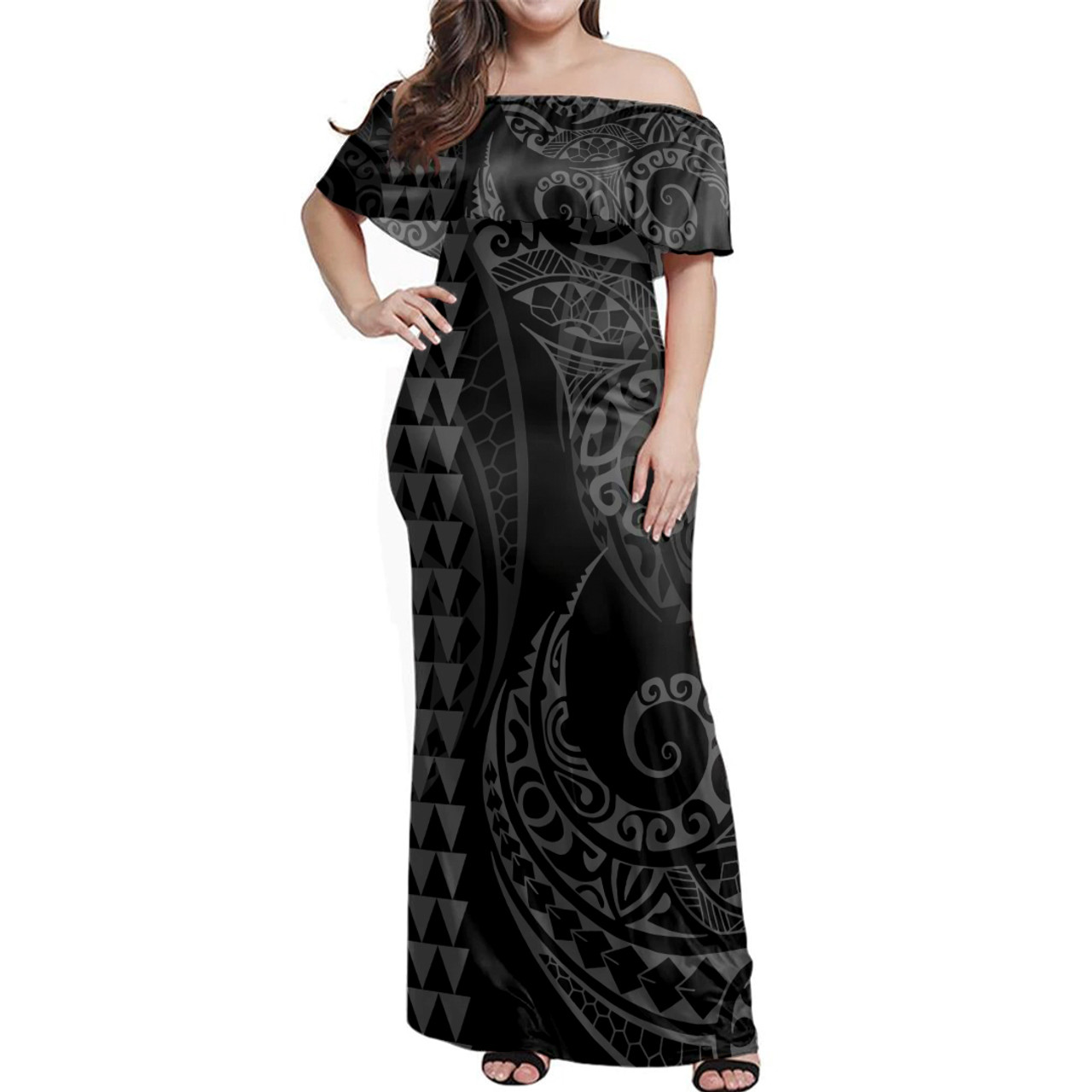 Polynesian Woman Off Shoulder Long Dress Coat Of Arms Kakau Style Grey