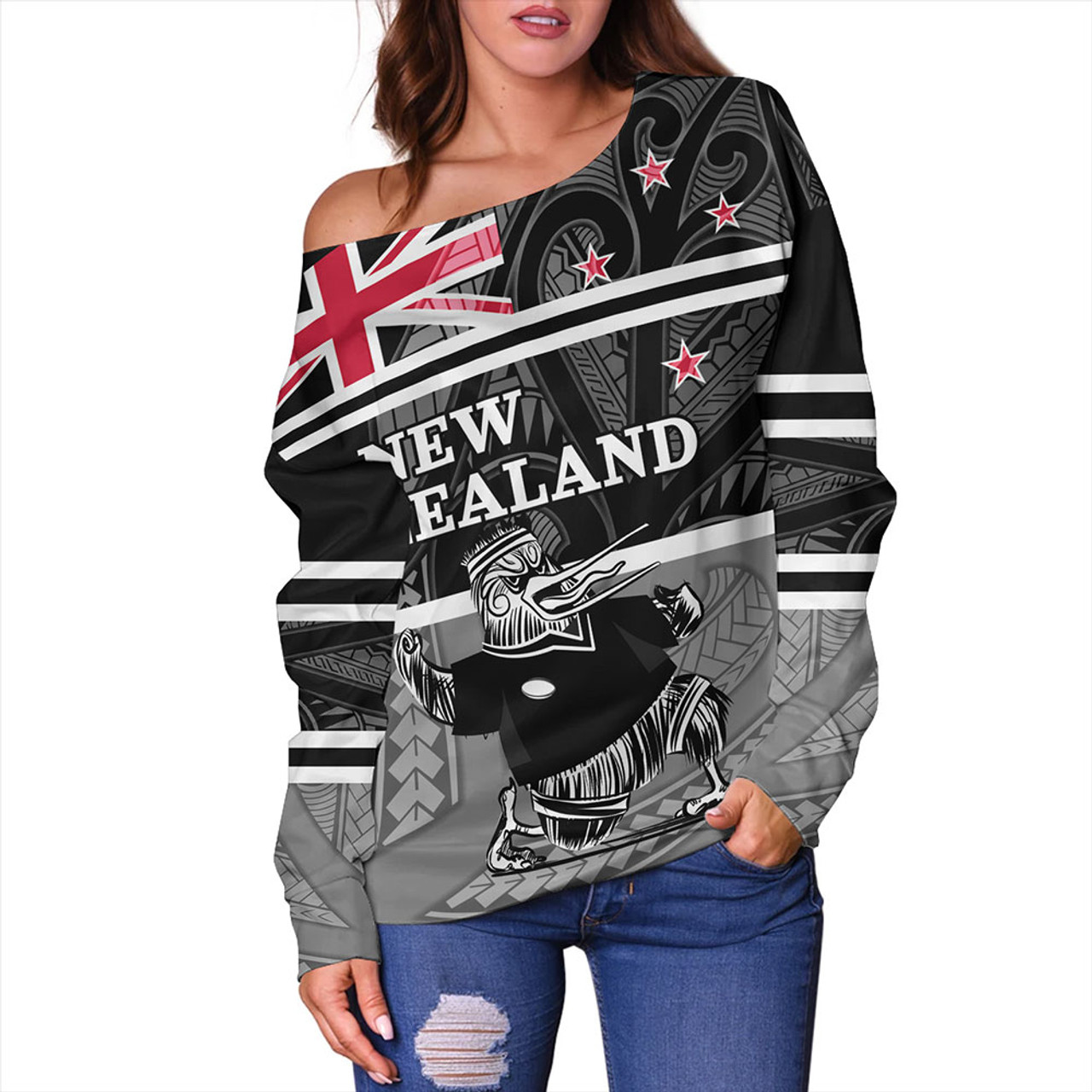 New Zealand Off Shoulder Sweatshirt Rugby Player Kiwi Bird With NZ Flag