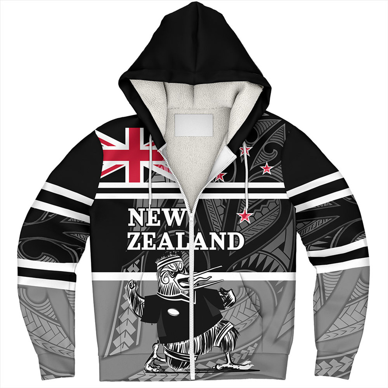 New Zealand Sherpa Hoodie Rugby Player Kiwi Bird With NZ Flag