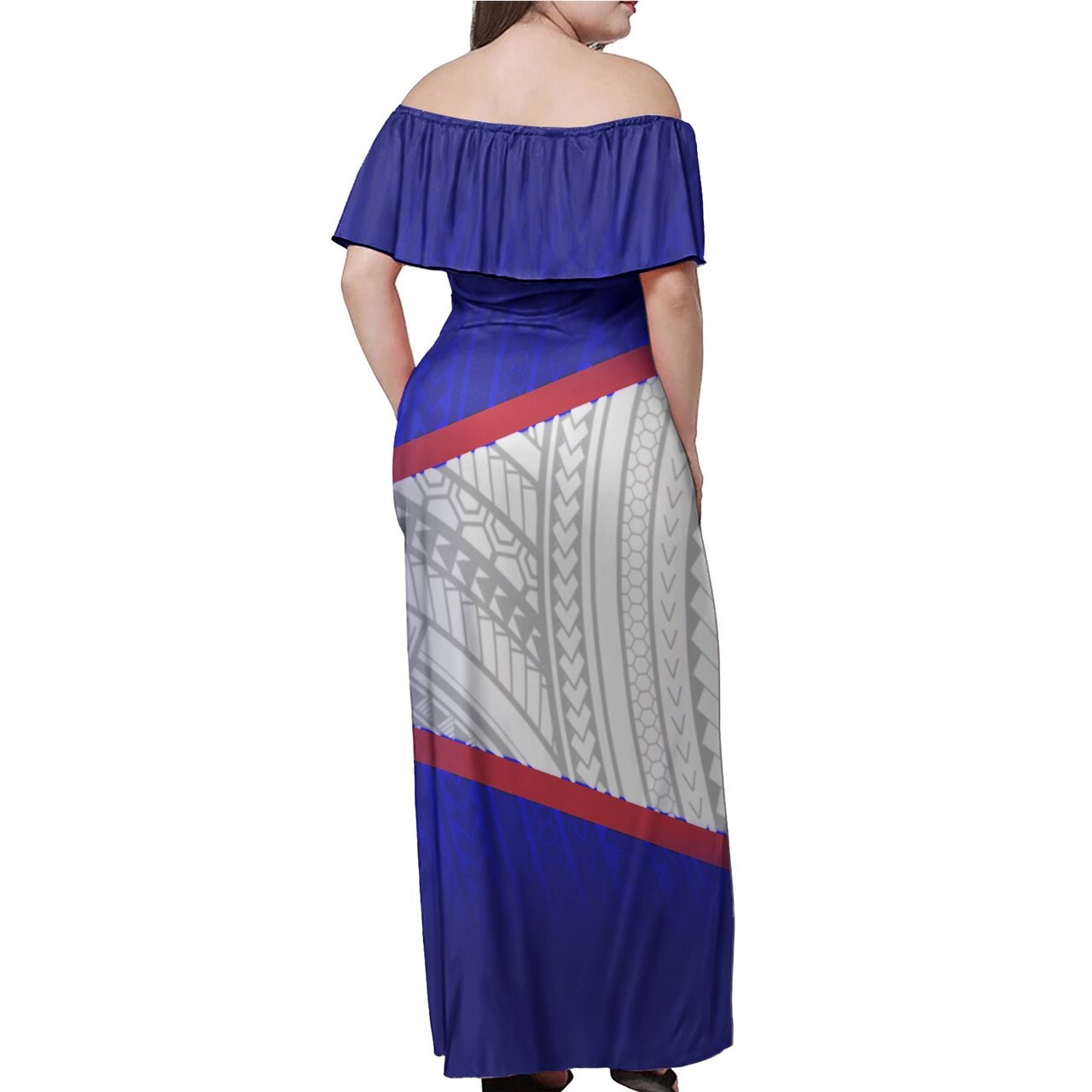 American Samoa Flag Color With Traditional Patterns Women Off Shoulder Long Dress