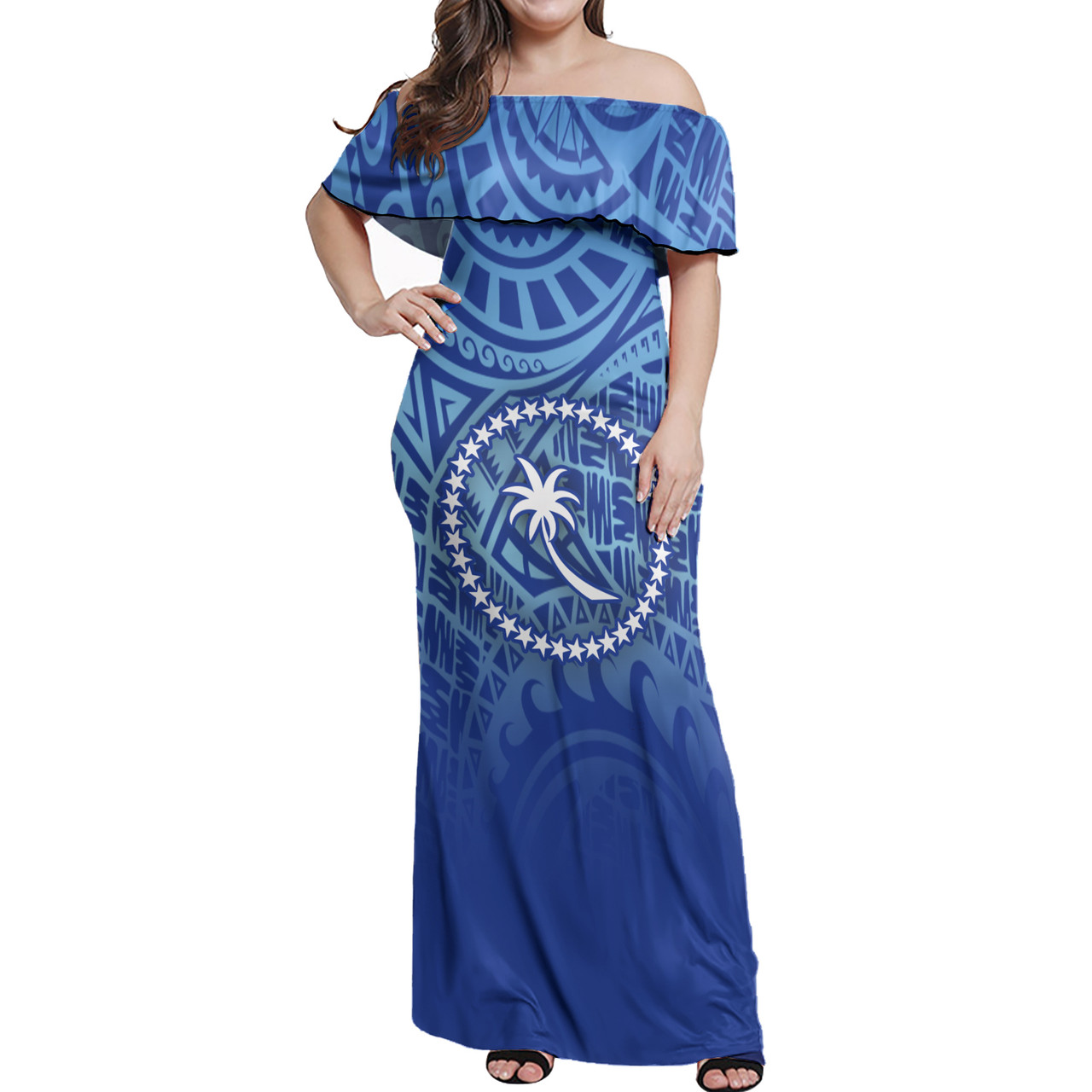 Chuuk State Flag Color With Traditional Patterns Women Off Shoulder ...