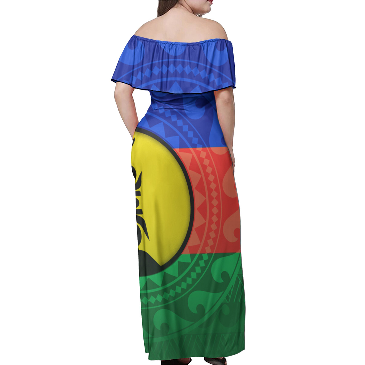 New Caledonia Flag Color With Traditional Patterns Women Off Shoulder Long Dress