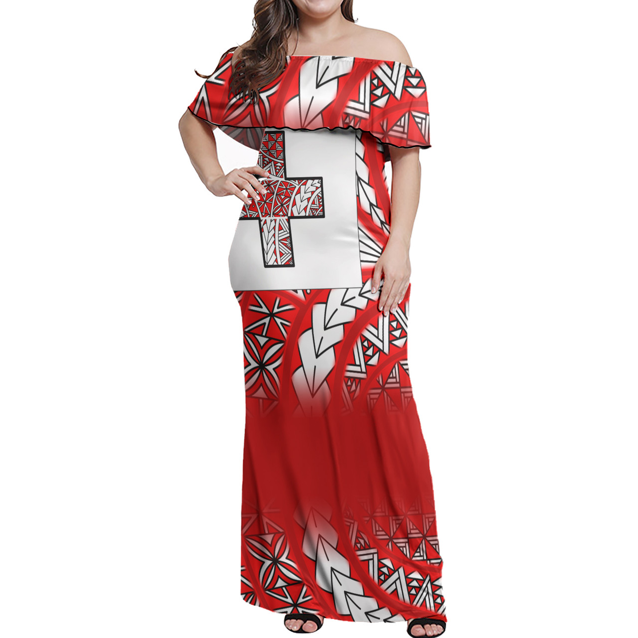 Tonga Flag Color With Traditional Patterns Women Off Shoulder Long Dress