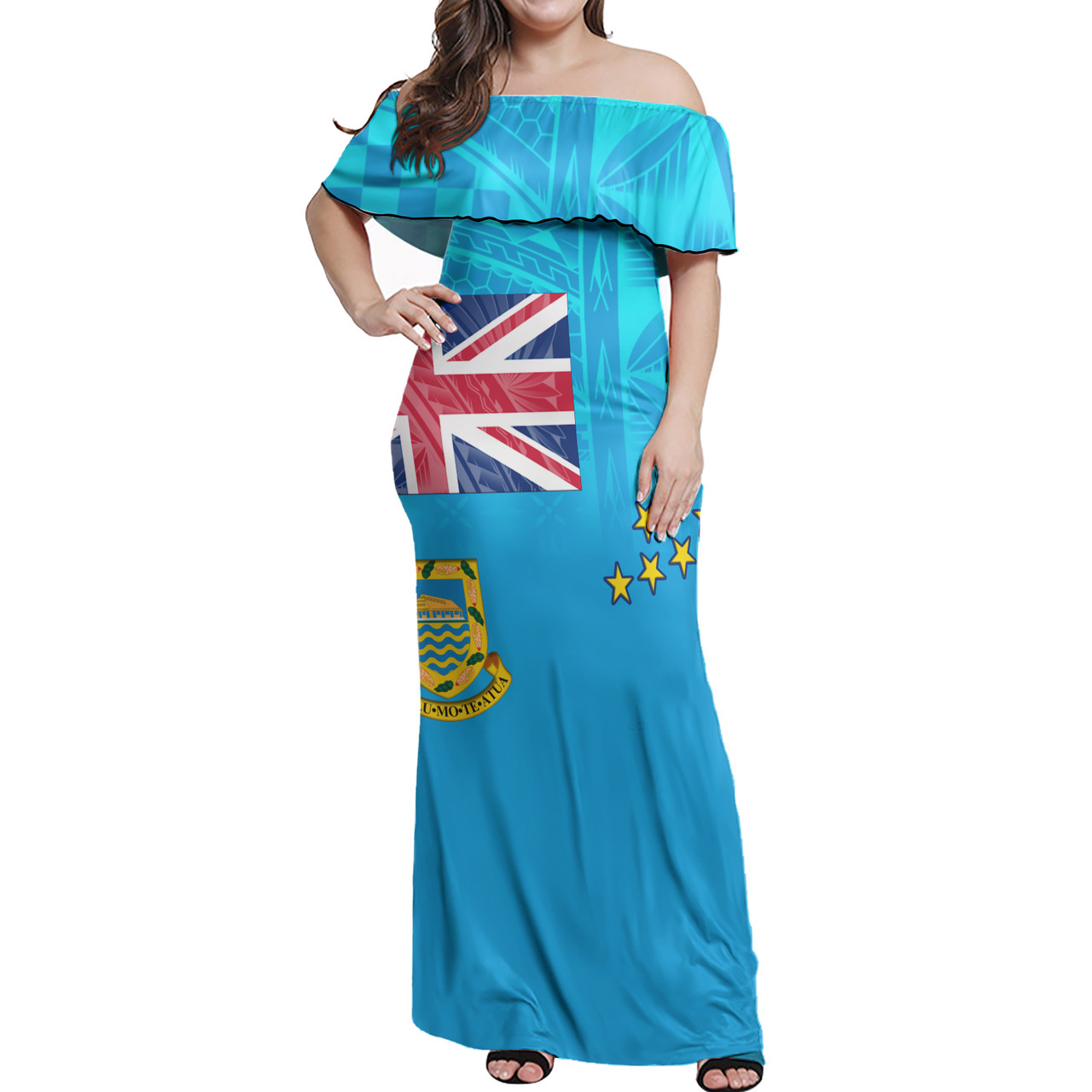 Tuvalu Flag Color With Traditional Patterns Women Off Shoulder Long Dress