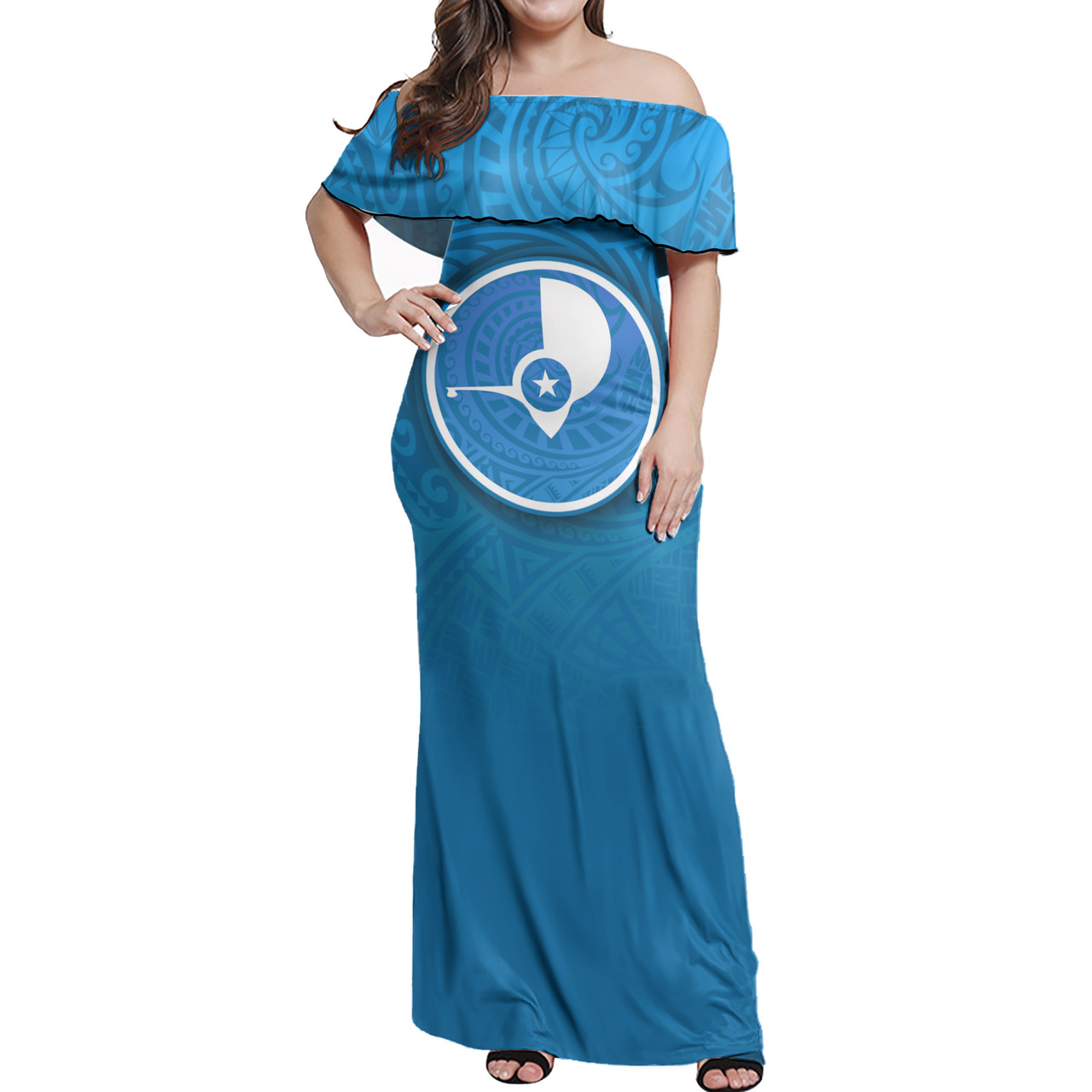 Yap Islands Flag Color With Traditional Patterns Women Off Shoulder Long Dress