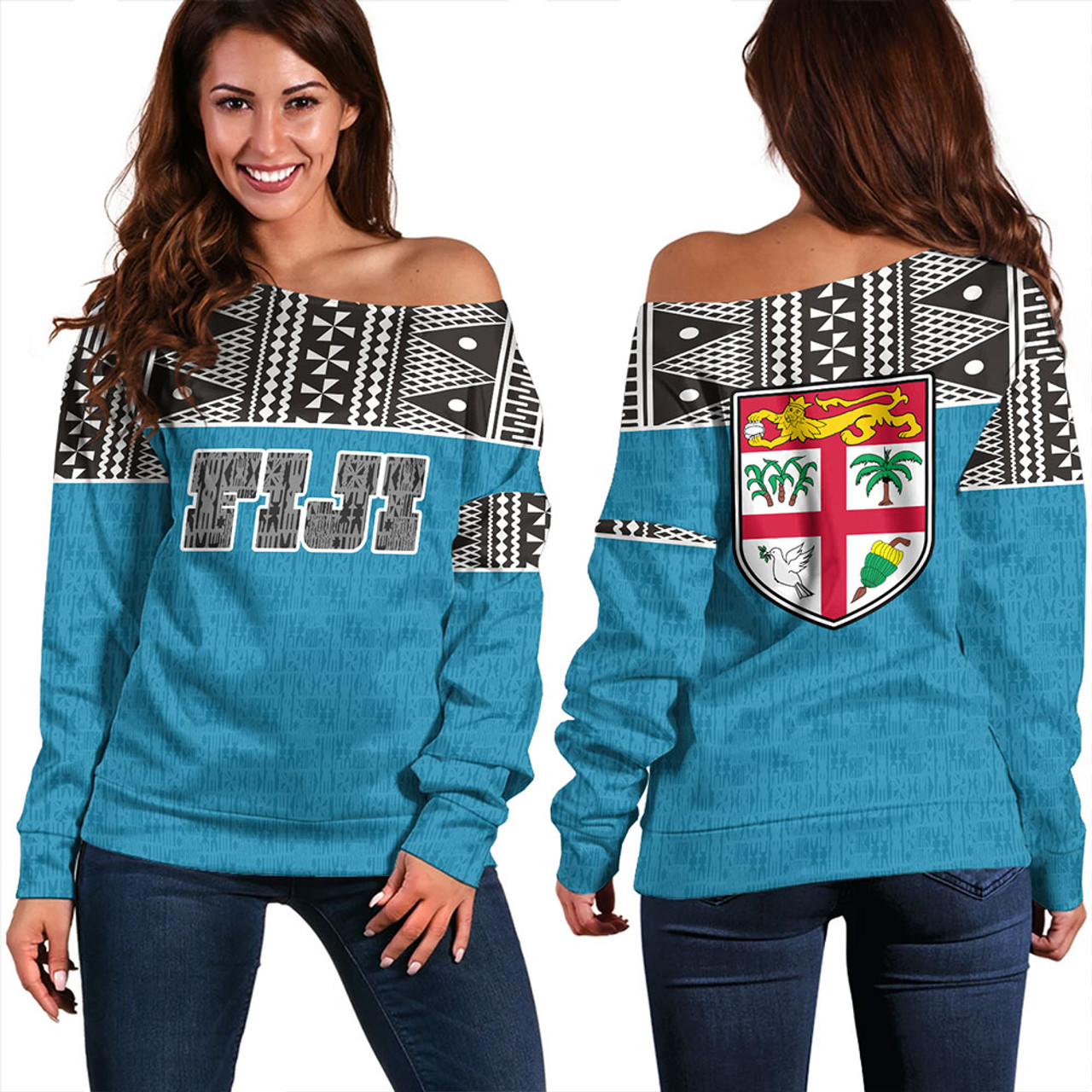 Fiji Off Shoulder Sweatshirt Fijian Tapa Pattern