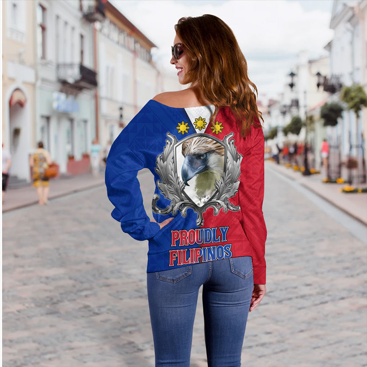 Philippines Filipinos Off Shoulder Sweatshirt The Philippine Eagle With Traditional Patterns