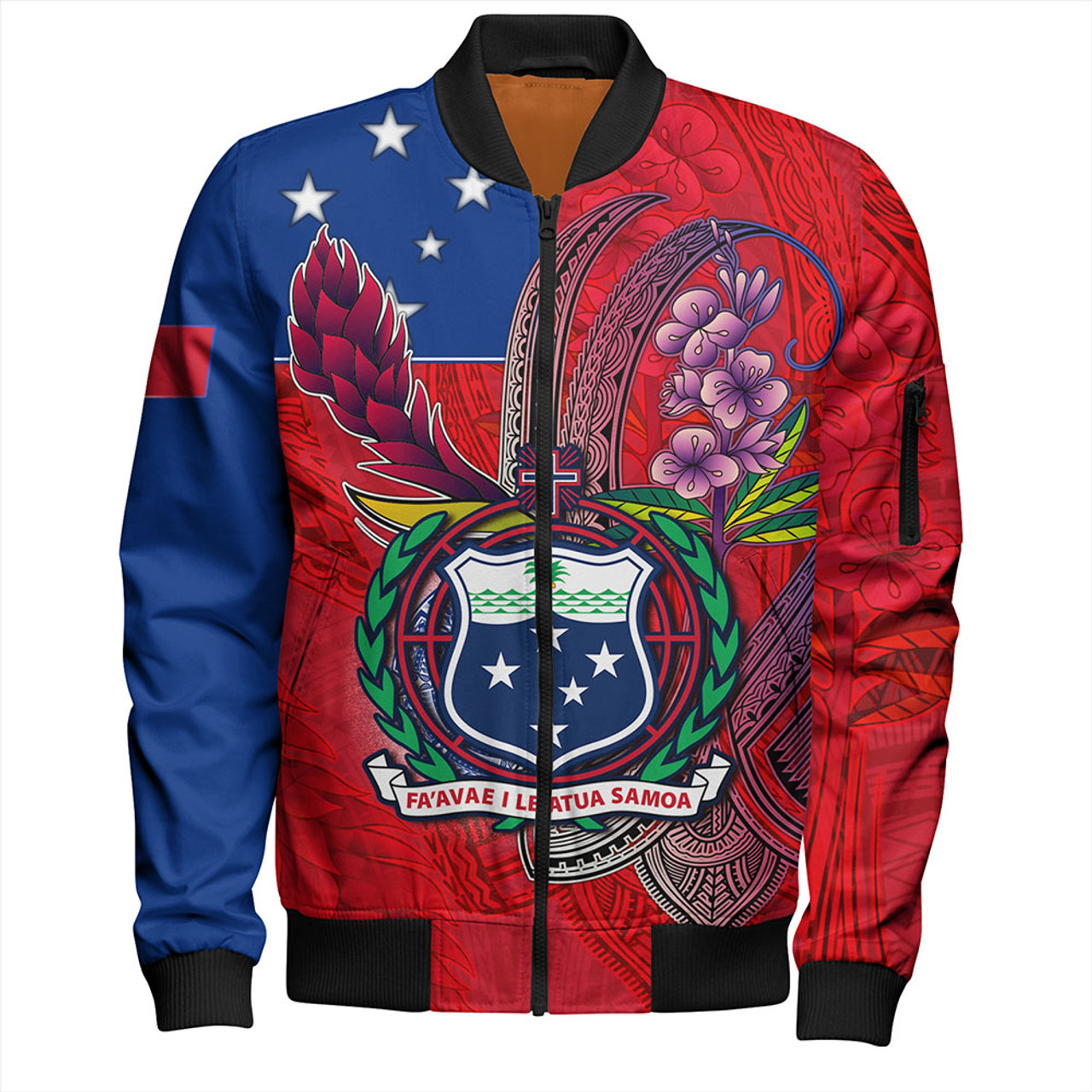 Samoa Bomber Jacket Samoa Flag With Seal Teuilia Flowers Tradition Patterns