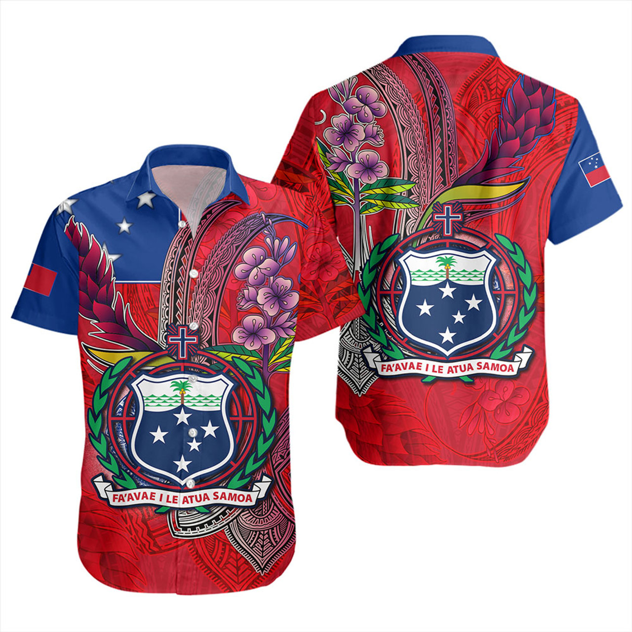 Samoa Short Sleeve Shirt Samoa Flag With Seal Teuilia Flowers Tradition Patterns