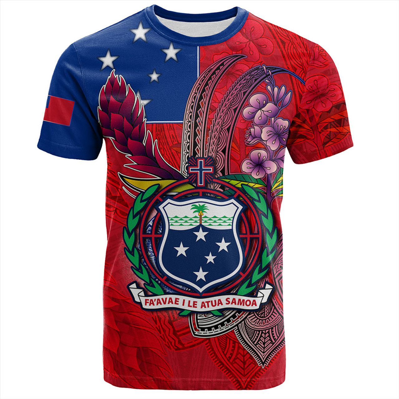 Samoa T-Shirt Samoa Flag With Seal Teuilia Flowers Tradition Patterns