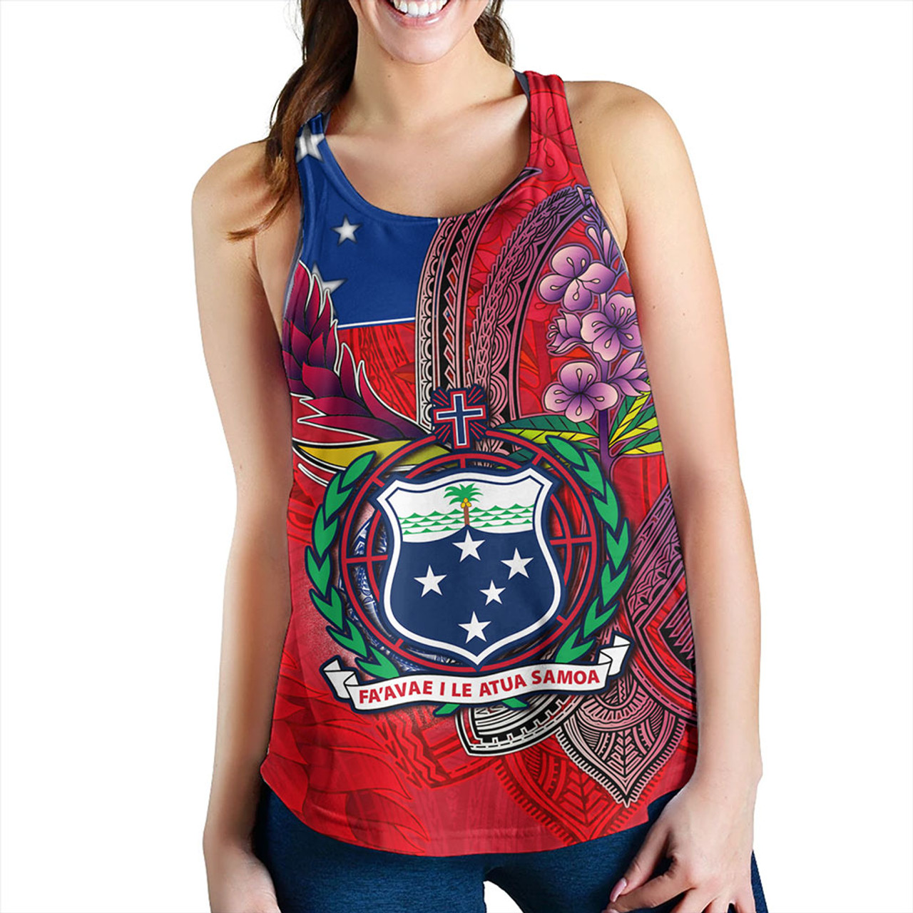 Samoa Women Tank Samoa Flag With Seal Teuilia Flowers Tradition Patterns