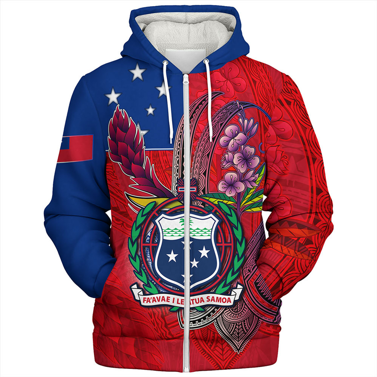 Samoa Sherpa Hoodie Samoa Flag With Seal Teuilia Flowers Tradition Patterns