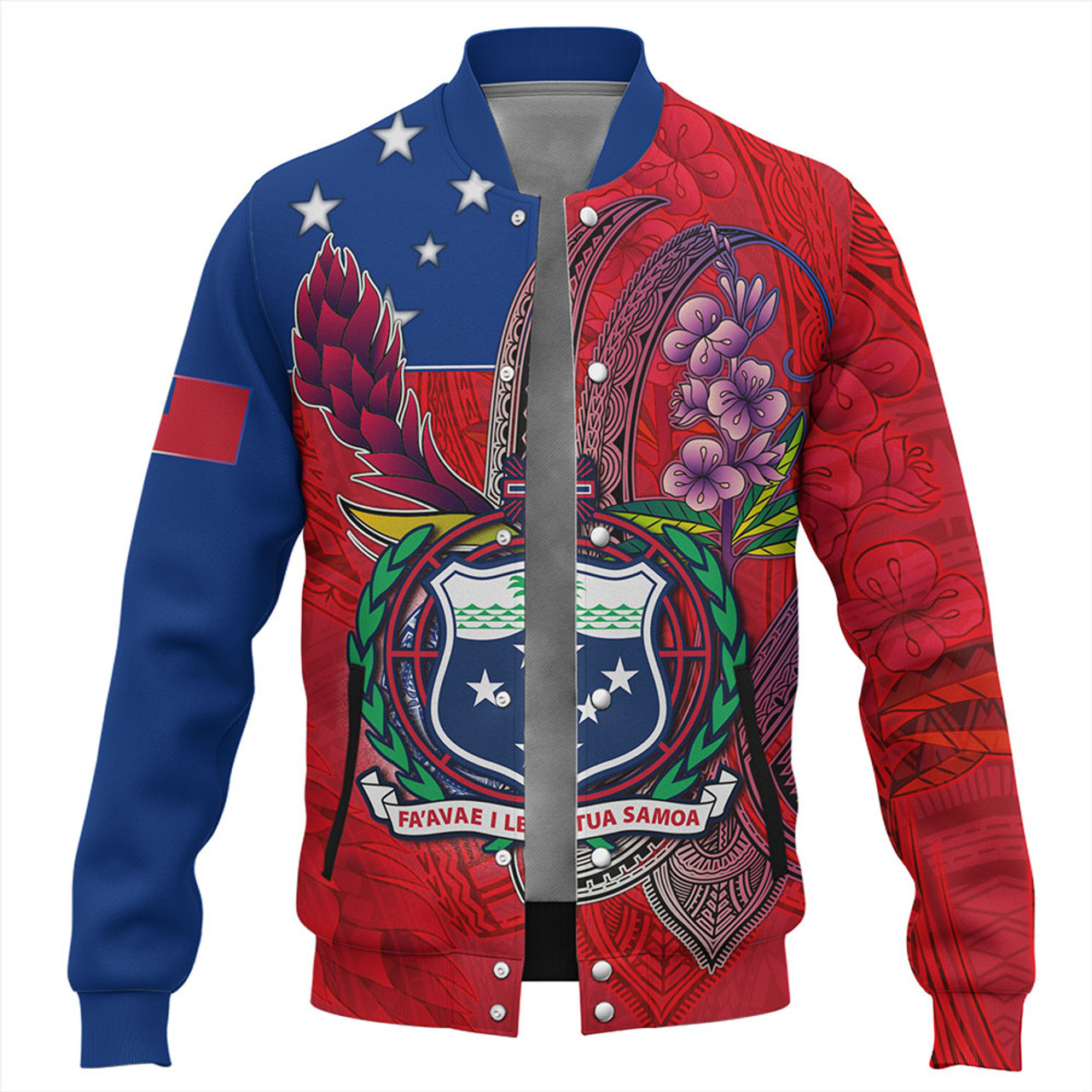 Samoa Baseball Jacket Samoa Flag With Seal Teuilia Flowers Tradition Patterns